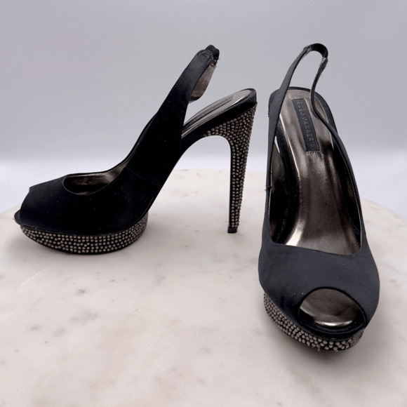 BCBGMAXAZRIA Falcon Black Satin Rhinestone Heels 8.5 Peep Toe Holiday Party - Picture 9 of 13